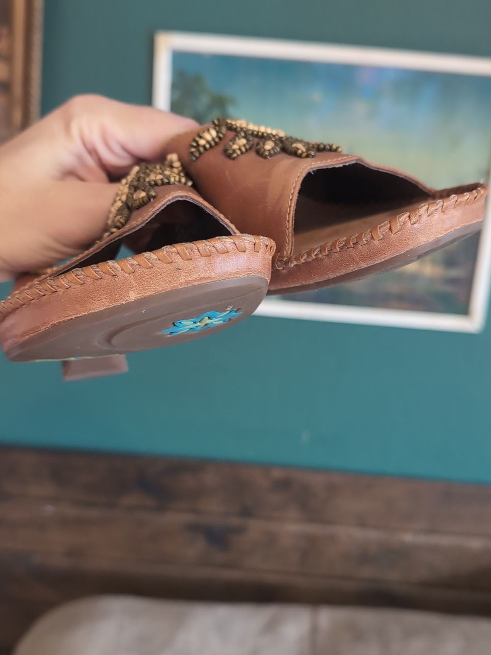 Clarks Artisen Brown Leather Wedge Sandals with Beaded Floral Accents - Picture 4 of 7
